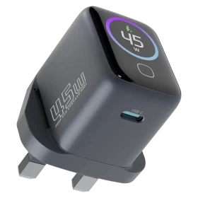 Powerology VoltFlow 45W AVS GaN Wall Charger with Smart TFT Display – Gray