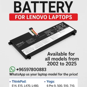 Lenovo Laptop Battery Replacement – All Models (2002–2025) Prices Starts From 12 KD (Without Installation Fees)