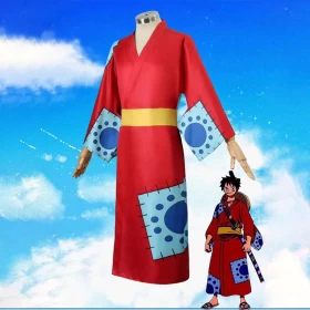 One Piece Monkey D. Luffy Wano Kimono Cosplay Costume – Red Samurai Yukata Outfit for Adults & Teens
