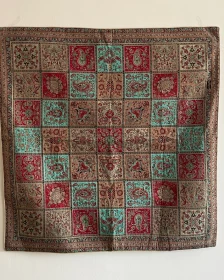 Persian Style Satin Decorative Throw 100x100 cm – Red & Turquoise Patchwork
