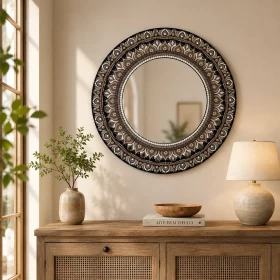 Handmade Mandala Wall Mirror 60x60cm | Mocha Brown & Cream