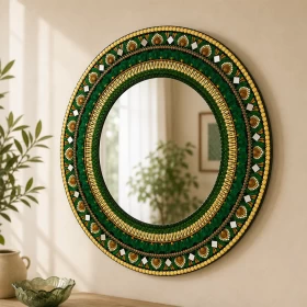 Handmade Mandala Wall Mirror 60x60cm | Emerald Green & Gold