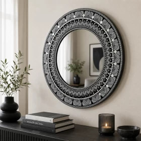 Handmade Mandala Wall Mirror 60x60cm | Black & Silver