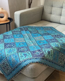 Persian Style Satin Decorative Throw 100x100 cm – Blue Turquoise Patchwork